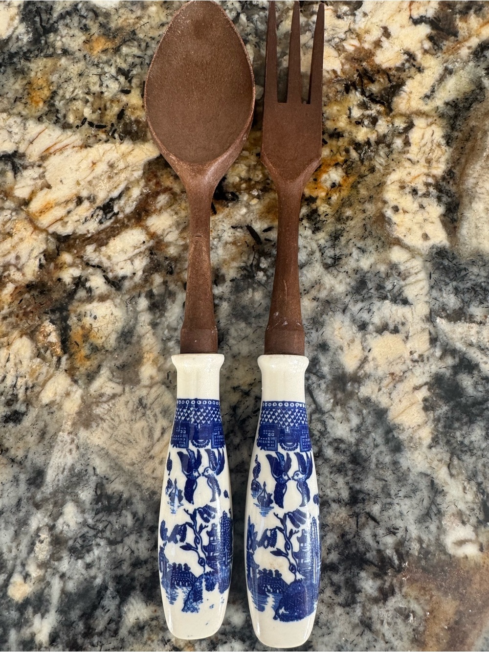 Vintage Blue and White Ceramic-Handle Serving Spoon and Fork Set